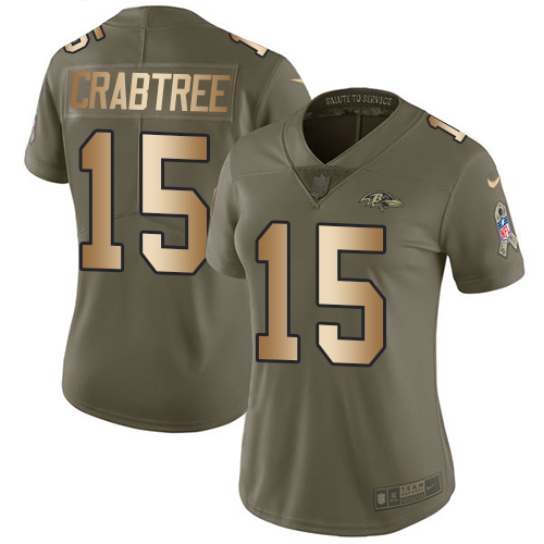 Nike Ravens #15 Michael Crabtree Olive Gold Women's Stitched NFL Limited 2017 Salute to Service Jersey