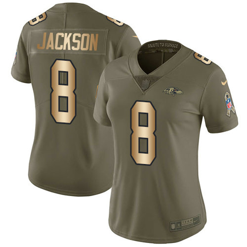 Nike Ravens #8 Lamar Jackson Olive Gold Women's Stitched NFL Limited 2017 Salute to Service Jersey