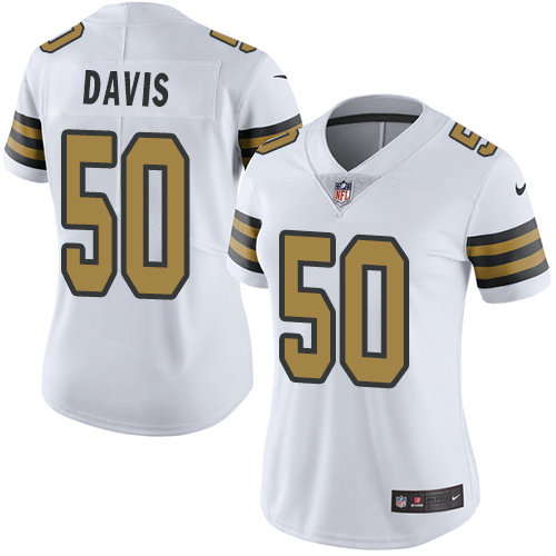 Nike Saints #50 DeMario Davis White Women's Stitched NFL Limited Rush Jersey