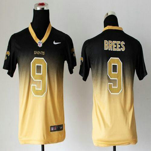 Nike Saints #9 Drew Brees Black Gold Youth Stitched NFL Elite Fadeaway Fashion Jersey