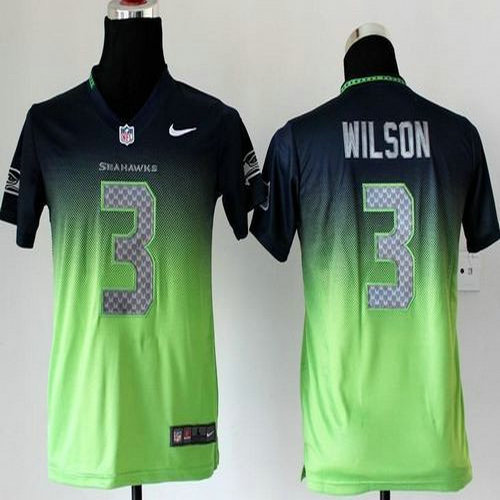 Nike Seahawks #3 Russell Wilson Steel Blue Green Youth Stitched NFL Elite Fadeaway Fashion Jersey