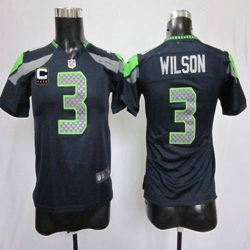 Nike Seahawks #3 Russell Wilson Steel Blue Team Color With C Patch Youth Stitched NFL Elite Jersey