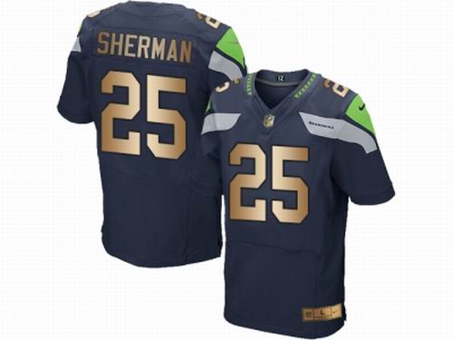 Nike Seattle Seahawks #25 Richard Sherman Steel Blue Elite Gold Jersey