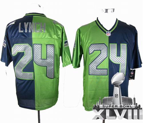 Nike Seattle Seahawks 24# Marshawn Lynch blue green elite split 2014 Super bowl XLVIII(GYM) Jersey
