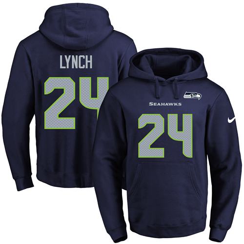 Nike Seattle Seahawks 24 Marshawn Lynch Navy Blue Name Number Pullover NFL Hoodie