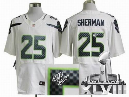 Nike Seattle Seahawks 25# Richard Sherman White Elite signature 2014 Super bowl XLVIII(GYM) Jersey