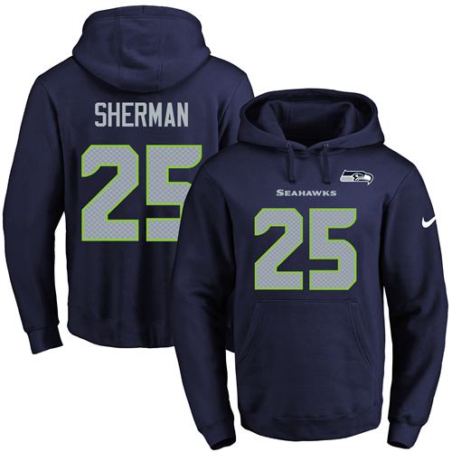 Nike Seattle Seahawks 25 Richard Sherman Navy Blue Name Number Pullover NFL Hoodie