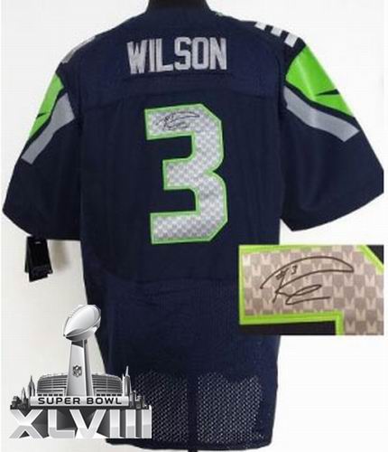 Nike Seattle Seahawks 3# Russell Wilson Blue Elite signature 2014 Super bowl XLVIII(GYM) Jersey
