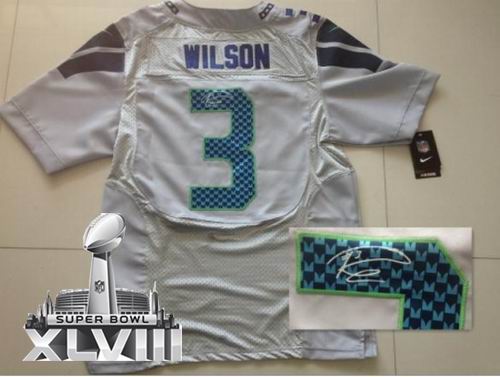 Nike Seattle Seahawks 3# Russell Wilson Grey Elite Signed signature 2014 Super bowl XLVIII(GYM) Jersey