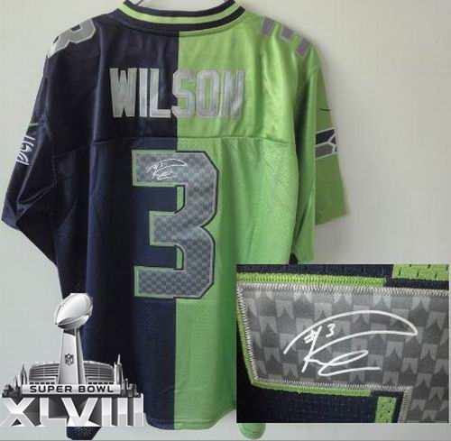 Nike Seattle Seahawks 3# Russell Wilson green blue elite split signature 2014 Super bowl XLVIII(GYM) Jersey