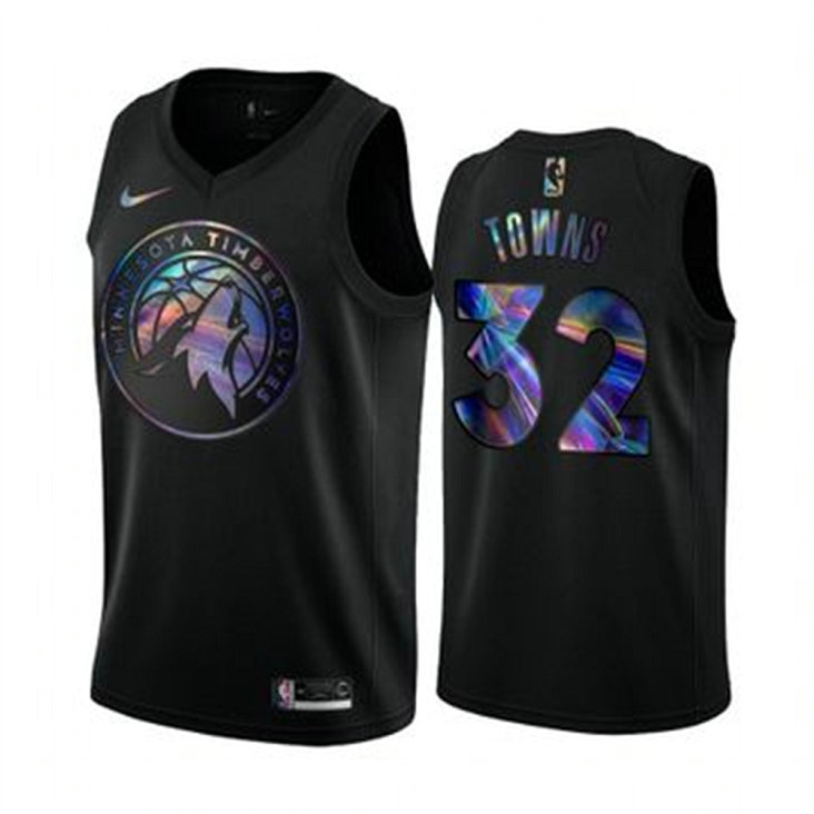 Nike Timberwolves #32 Karl-Anthony Towns Men's Iridescent Holographic Collection NBA Jersey - Black