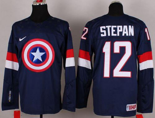 Olympic Team USA 12 Derek Stepan Navy Blue Captain America Fashion NHL Jersey