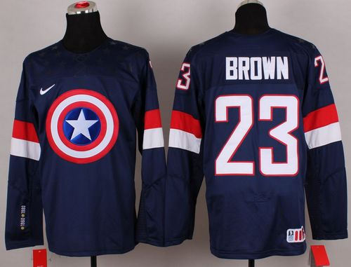 Olympic Team USA 23 Dustin Brown Navy Blue Captain America Fashion NHL Jersey
