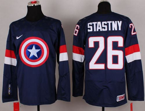 Olympic Team USA 26 Paul Stastny Navy Blue Captain America Fashion NHL jersey