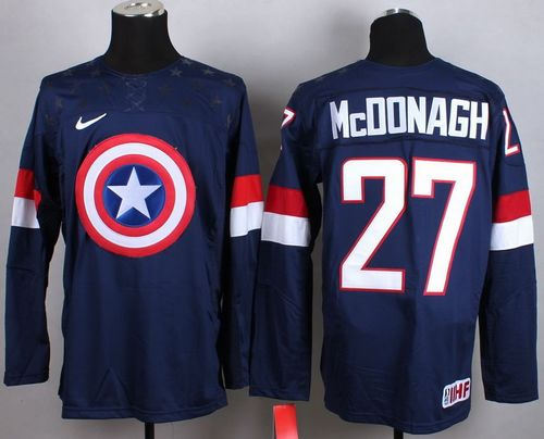 Olympic Team USA 27 Ryan McDonagh Navy Blue Captain America Fashion NHL jersey