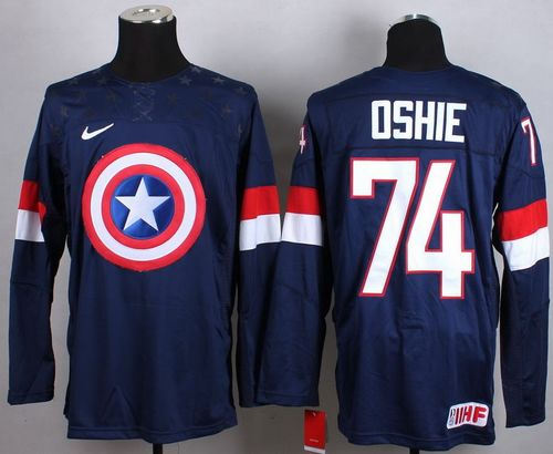 Olympic Team USA 74 T. J. Oshie Navy Blue Captain America Fashion NHL jersey