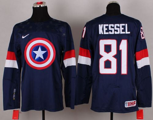 Olympic Team USA 81 Phil Kessel Navy Blue Captain America Fashion NHL jersey