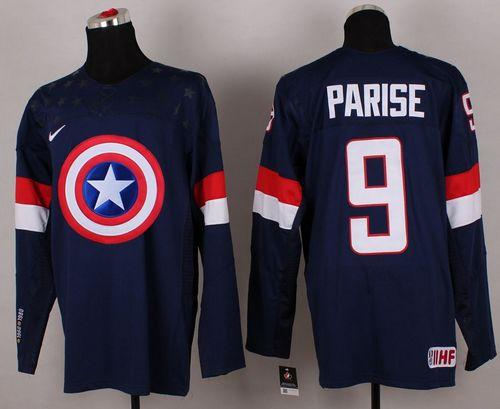Olympic Team USA 9 Zach Parise Navy Blue Captain America Fashion NHL jersey