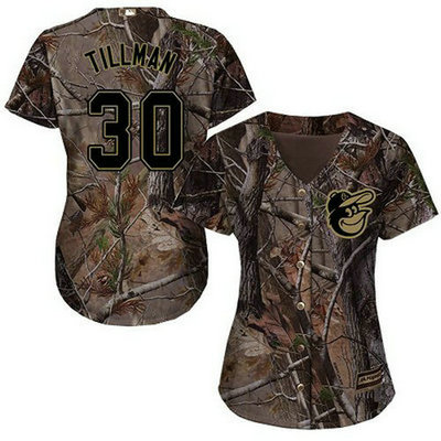 Orioles #30 Chris Tillman Camo Realtree Collection Cool Base Women's Stitched Baseball Jersey