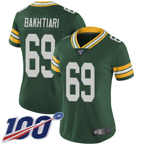 Packers #69 David Bakhtiari Green Team Color Women's Stitched Football 100th Season Vapor Limited Jersey