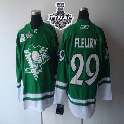 Penguins #29 Andre Fleury St. Patty's Day 2017 Stanley Cup Final Patch Stitched NHL Jersey