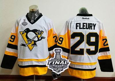 Penguins #29 Andre Fleury White New Away 2017 Stanley Cup Final Patch Stitched NHL Jersey