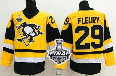 Penguins #29 Andre Fleury Yellow Throwback 2017 Stanley Cup Final Patch Stitched NHL Jersey