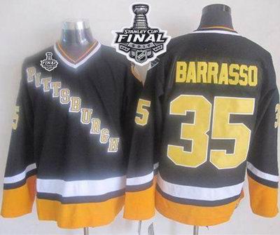 Penguins #35 Tom Barrasso Black Yellow CCM Throwback 2017 Stanley Cup Final Patch Stitched NHL Jersey