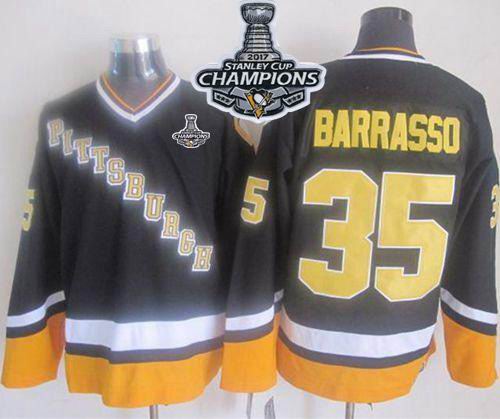 Penguins #35 Tom Barrasso Black Yellow CCM Throwback 2017 Stanley Cup Finals Champions Stitched NHL Jersey