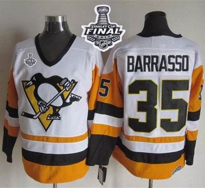 Penguins #35 Tom Barrasso White Black CCM Throwback 2017 Stanley Cup Final Patch Stitched NHL Jersey