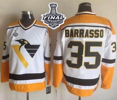 Penguins #35 Tom Barrasso White Yellow CCM Throwback 2017 Stanley Cup Final Patch Stitched NHL Jersey