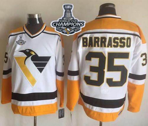 Penguins #35 Tom Barrasso White Yellow CCM Throwback 2017 Stanley Cup Finals Champions Stitched NHL Jersey