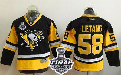 Penguins #58 Kris Letang Black Alternate 2017 Stanley Cup Final Patch Stitched Youth NHL Jersey