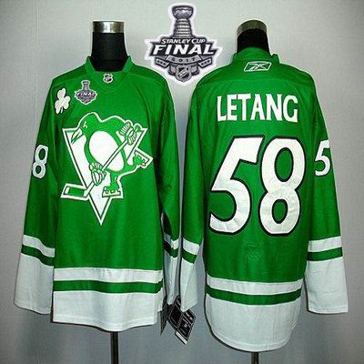 Penguins #58 Kris Letang Green St Patty's Day 2017 Stanley Cup Final Patch Stitched NHL Jersey