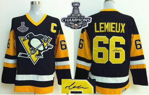 Penguins #66 Mario Lemieux Black CCM Throwback Autographed 2017 Stanley Cup Finals Champions Stitched NHL Jersey