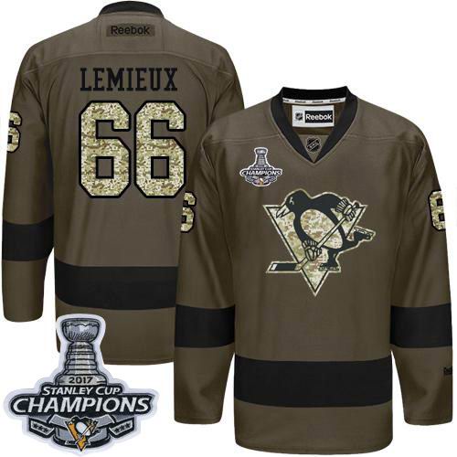 Penguins #66 Mario Lemieux Green Salute to Service 2017 Stanley Cup Finals Champions Stitched NHL Jersey