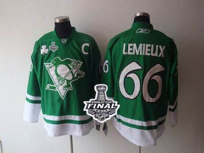 Penguins #66 Mario Lemieux Green St Patty's Day 2017 Stanley Cup Final Patch Stitched NHL Jersey