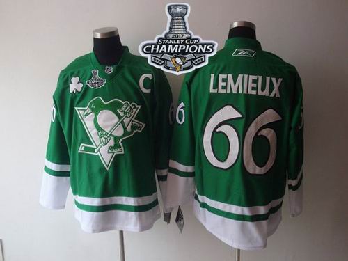 Penguins #66 Mario Lemieux Green St Patty's Day 2017 Stanley Cup Finals Champions Stitched NHL Jersey