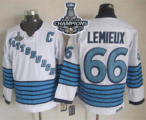 Penguins #66 Mario Lemieux White Light Blue CCM Throwback 2017 Stanley Cup Finals Champions Stitched NHL Jersey