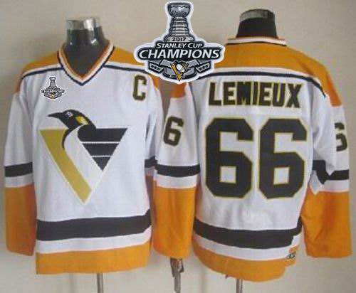 Penguins #66 Mario Lemieux White Yellow CCM Throwback 2017 Stanley Cup Finals Champions Stitched NHL Jersey