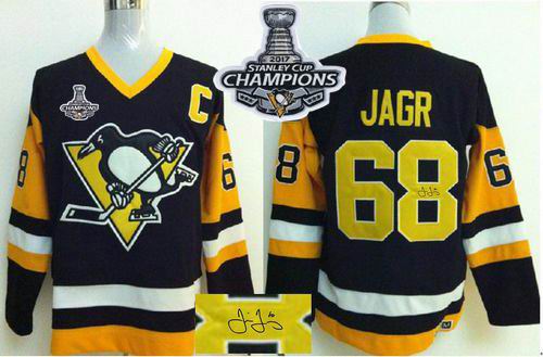 Penguins #68 Jaromir Jagr Black CCM Throwback Autographed 2017 Stanley Cup Finals Champions Stitched NHL Jersey