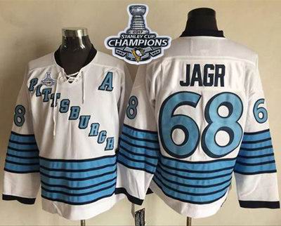 Penguins #68 Jaromir Jagr White Light Blue CCM Throwback 2017 Stanley Cup Finals Champions Stitched NHL Jersey