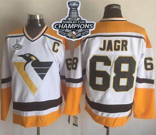 Penguins #68 Jaromir Jagr White Yellow CCM Throwback 2017 Stanley Cup Finals Champions Stitched NHL Jersey