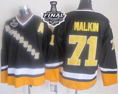 Penguins #71 Evgeni Malkin Black Yellow CCM Throwback 2017 Stanley Cup Final Patch Stitched NHL Jersey