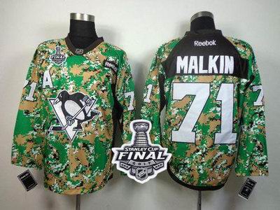 Penguins #71 Evgeni Malkin Camo Veterans Day Practice 2017 Stanley Cup Final Patch Stitched NHL Jersey