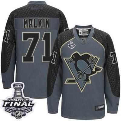 Penguins #71 Evgeni Malkin Charcoal Cross Check Fashion 2017 Stanley Cup Final Patch Stitched NHL Jersey