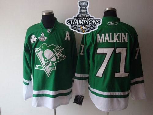 Penguins #71 Evgeni Malkin Green St Patty's Day 2017 Stanley Cup Finals Champions Stitched NHL Jersey