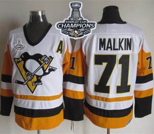 Penguins #71 Evgeni Malkin White Black CCM Throwback 2017 Stanley Cup Finals Champions Stitched NHL Jersey
