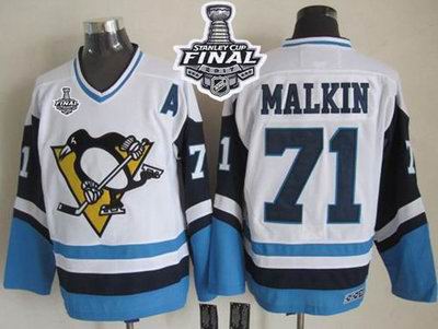 Penguins #71 Evgeni Malkin White Blue CCM Throwback 2017 Stanley Cup Final Patch Stitched NHL Jersey