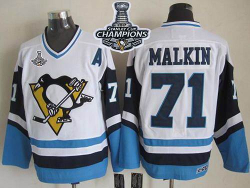 Penguins #71 Evgeni Malkin White Blue CCM Throwback 2017 Stanley Cup Finals Champions Stitched NHL Jersey
